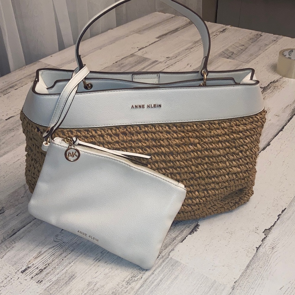 Genuine Anne Klein Cream and Brown Woven Tote with Pouch